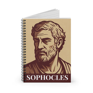 Spiral notebook with a bold burgundy and beige illustration of ancient Greek playwright Sophocles opened