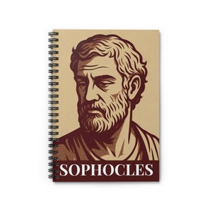 Spiral notebook with a bold burgundy and beige illustration of ancient Greek playwright Sophocles
