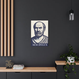 Canvas wall art with illustration of Aeschylus with his name on a blue background on a dark wall