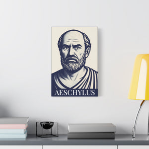 Canvas wall art with an illustration of Aeschylus on a wall above a desk with books and a lamp.