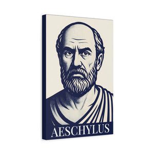 Side view of canvas wall art with illustration of Aeschylus with his name on a blue background