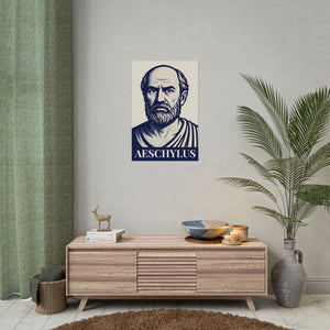 Room interior with a fine art poster of Aeschylus on the wall.