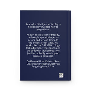 Hardcover journal with a portrait of Aeschylus and showing the bio on the back cover