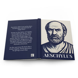 Hardcover notebook with Aeschylus illustration on the cover and a short bio on the back