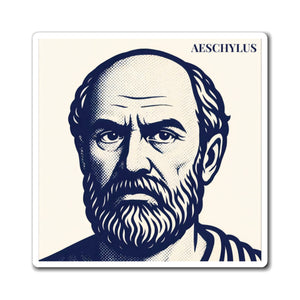 Magnet with a stylized portrait of Aeschylus with his name above on a white background