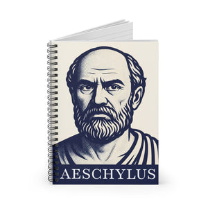 Spiral notebook with a portrait of Aeschylus in blue on the cover showing lined pages