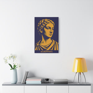 Canvas wall art with a bold illustration of Roman empress Agrippina the Younger on a wall above a shelf with decor items.