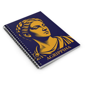 Sprial notebook with a bold illustration of Roman empress Agrippina the Younger on a white surface background