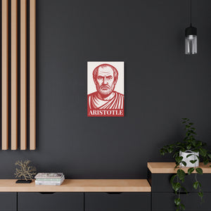 Red and white illustration on canvas wall art of philosopher Aristotle on a dark wall with a wooden shelf