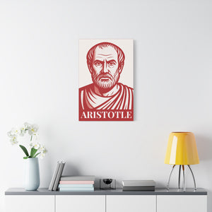Red and white illustration on canvas wall art of philosopher Aristotle on a white wall with modern furniture