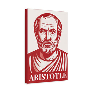 Red and white bold illustration of philosopher Aristotle on canvas wall art side view