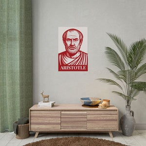 Red and white illustration on fine art poster of philosopher Aristotle above a wooden cabinet interior room