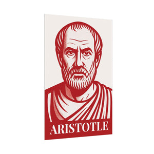 Red and white illustration on fine art poster of philosopher Aristotle side view