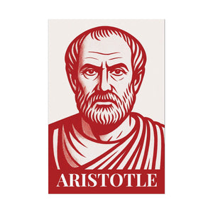 Red and white illustration on fine art poster of philosopher Aristotle