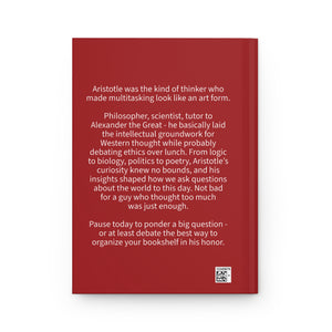Hardcover journal back cover with a short biography of philosopher Aristotle