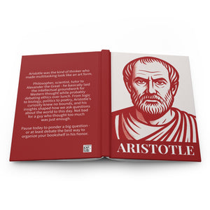 Hardcover journal with Aristotle red and white illustration showing front cover illustration and back cover biography
