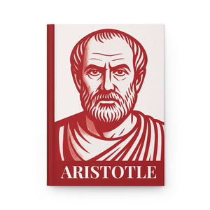 Hardcover journal with a red and white illustration of philosopher Aristotle