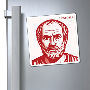 Red and white illustration of Aristotle on a vinyl refrigerator magnet mockup