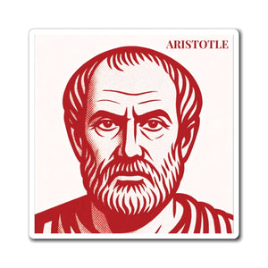 Red and white illustration of Aristotle on a vinyl refrigerator magnet
