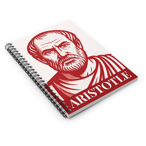 Spiral notebook with a red and white illustration of philosopher Aristotle on a flat view