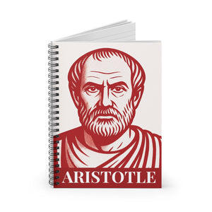Spiral notebook with a red and white illustration of philosopher Aristotle showing open pages