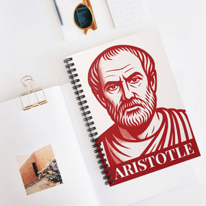 Spiral notebook with a red and white illustration of philosopher Aristotle overhead view on a white surface