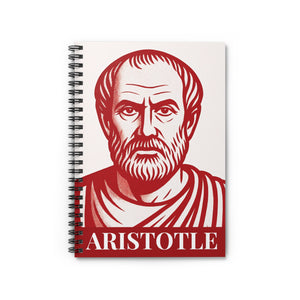 Spiral notebook with a red and white illustration of philosopher Aristotle