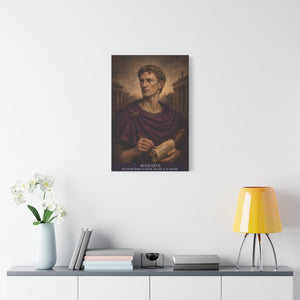 Canvas wall art with a beautiful, original illustration of Roman emperor Augustus on a wall above a desk with decor items.