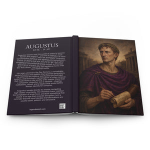 Hardcover journal with a beautiful, original illustration of Roman emperor Augustus on the front cover and a bio on the back cover