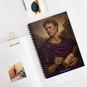Spiral notebook with an original, beautiful illustration of Roman emperor Augustus placed on a white surface with a clip and photo in the background.