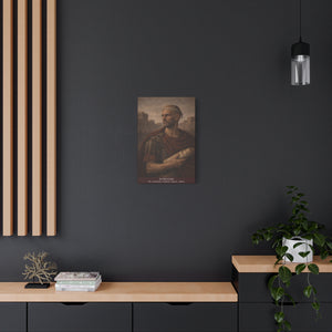 Canvas wall art with a beautiful, original illustration of Roman emperor Aurelian with a dark wall and wooden shelf