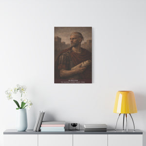 Canvas wall art with a beautiful, original illustration of Roman emperor Aurelian on a wall above a shelf with decor items.