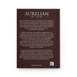 Hardcover journal with a beautiful, original illustration of Roman emperor Aurelian with a bio on the back cover