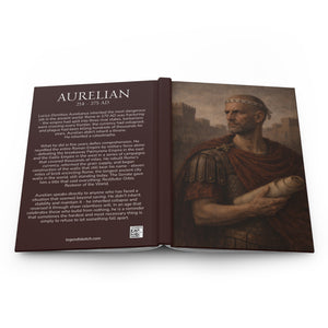 Hardcover journal with a beautiful, original illustration of Roman emperor Aurelian on the front cover and a bio on the back cover
