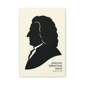 Canvas wall art with a black on ivory silhouette illustration of musician Johann Sebastian Bach