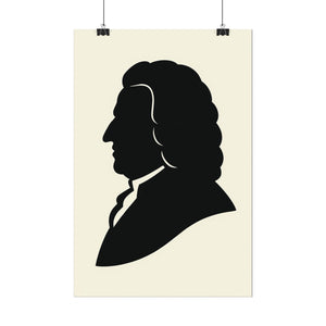Fine art poster with a black on ivory silhouette illustration of musician Johann Sebastian Bach ready to frame