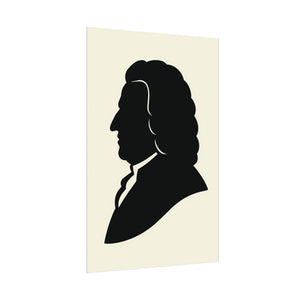 Fine art poster with a black on ivory silhouette illustration of musician Johann Sebastian Bach side view