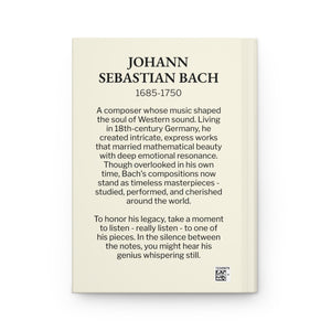 Hardcover journal with a black on ivory silhouette illustration of musician Johann Sebastian Bach with biography on back cover