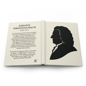 Hardcover journal with a black on ivory silhouette illustration of musician Johann Sebastian Bach on the front cover and a bio on the back cover