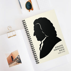 Spiral notebook with a black on ivory silhouette illustration of musician Johann Sebastian Bach mockup