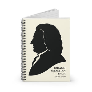 Spiral notebook with a black on ivory silhouette illustration of musician Johann Sebastian Bach opened