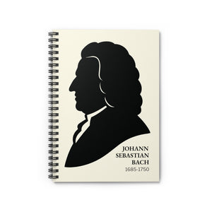 Spiral notebook with a black on ivory silhouette illustration of musician Johann Sebastian Bach