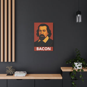 Canvas wall art with a bold illustration of philosopher Francis Bacon on a dark wall.