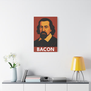 Canvas wall art with a bold illustration of philosopher Francis Bacon on a wall above a shelf with decor items.