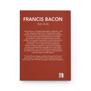Hardcover journal with a bold illustration of philosopher Francis Bacon with a biography on the back cover