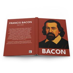 Hardcover journal with a bold illustration of philosopher Francis Bacon on the front cover and a bio on the back cover