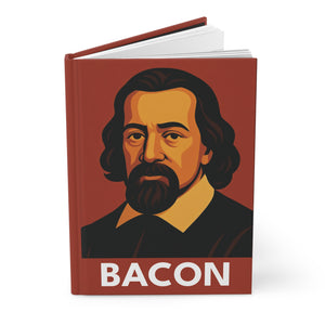 Hardcover journal with a bold illustration of philosopher Francis Bacon opened
