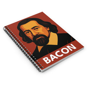 Spiral notebook with a bold illustration of philosopher Francis Bacon lying flat on a white surface