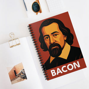 Spiral notebook with a bold illustration of philosopher Francis Bacon on a white surface