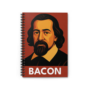 Spiral notebook with a bold illustration of philosopher Francis Bacon
